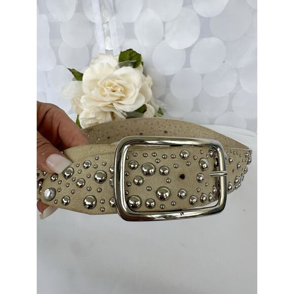 Genuine Suede Beige Studded Rhinestone Belt Women’s Small Silver Embellished - Picture 3 of 7